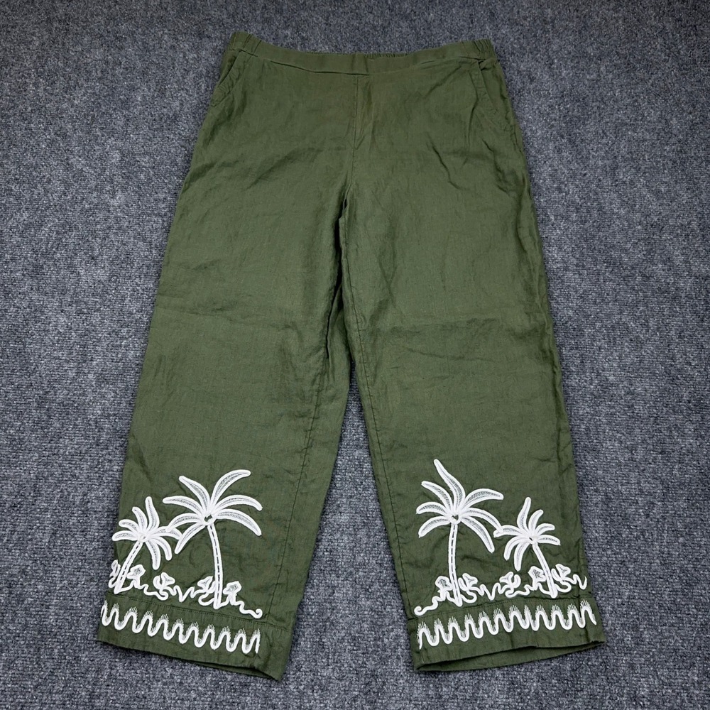 Charter Club Luxury Linen Crop Pants Women M Green Palm Tree Embroidered Pull On